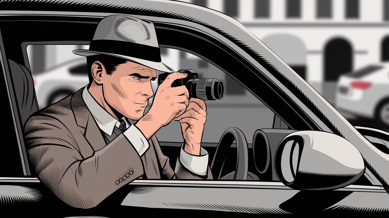 comic style private detective in car with camera and hat; private investigator Schleswig-Holstein Germany, private detective Schleswig-Holstein Germany, detective agency Schleswig-Holstein Germany